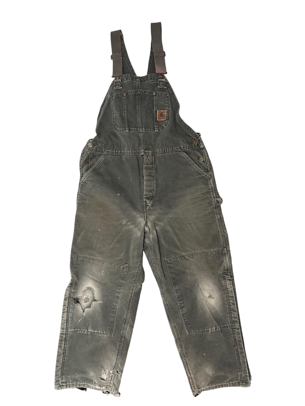 Carhartt R27MOS Bib Overalls Mens 38x30 Green Duck Insulated Distressed Workwear